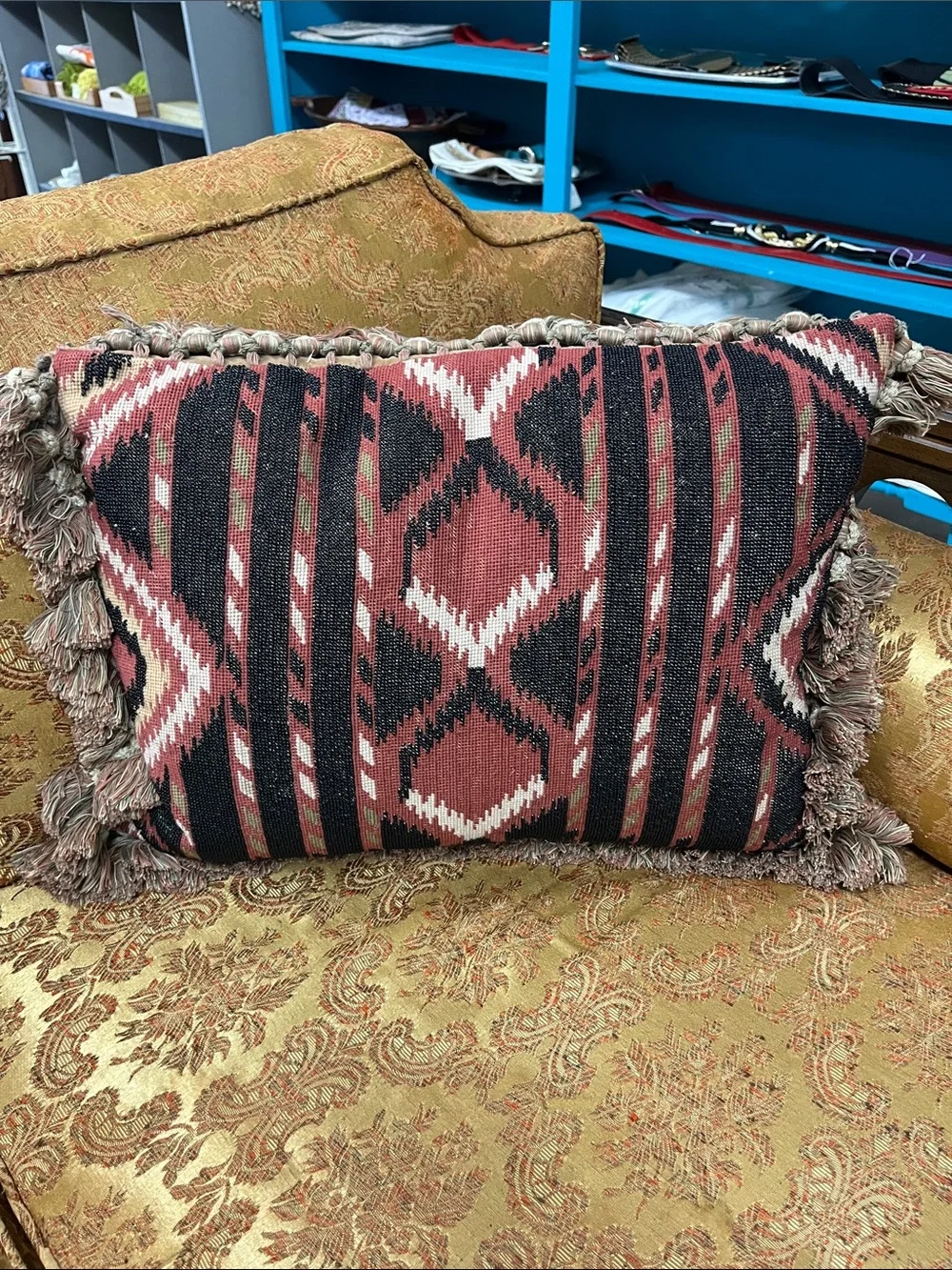 Handwoven Geometric Accent Pillow - Tan & Black
